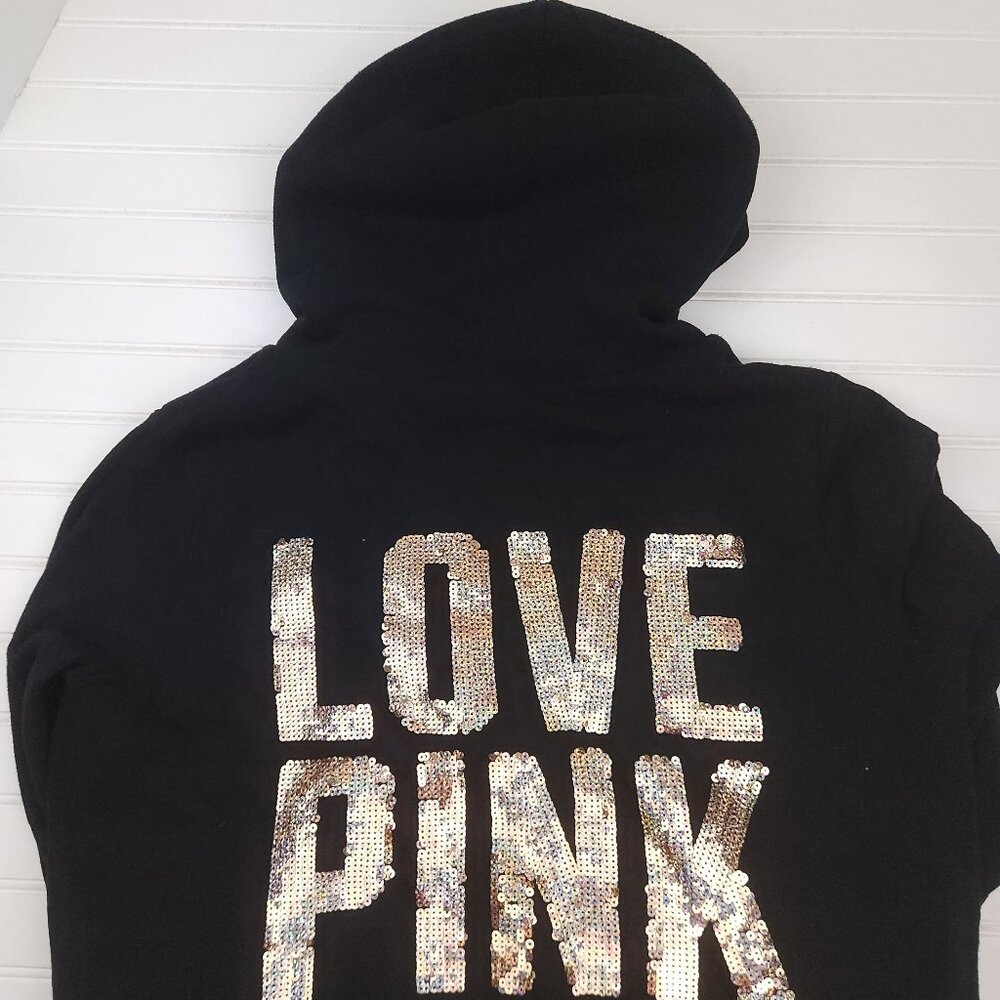 Victoria's Secret PINK Fur-Lined Hoodie Jacket Large Black Holographic Sequins